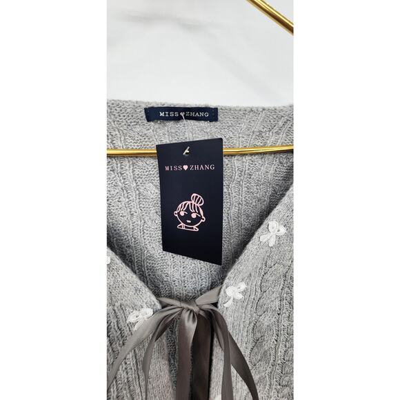 New NWT Miss Zhang Tie Front Grey Cardigan With Bow Detail Size Large - Picture 7 of 7